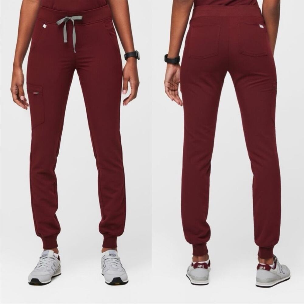 Figs Women's Track Joggers in Burgundy with Gray Drawstring